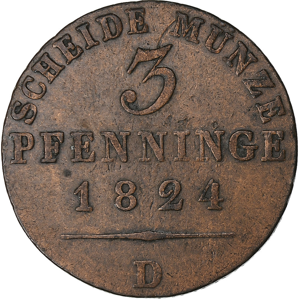 Deutsch Staaten, PRUSSIA, Friedrich Wilhelm III, 3 Pfenninge, 1824, Düsseldorf
