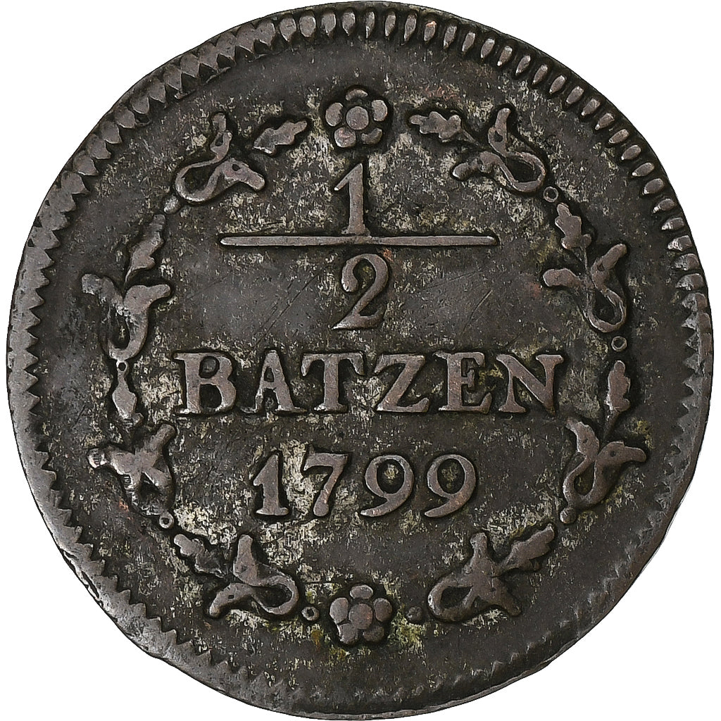 Suiza, 1/2 Batzen, 1799, Vellón, BC+, KM:A6