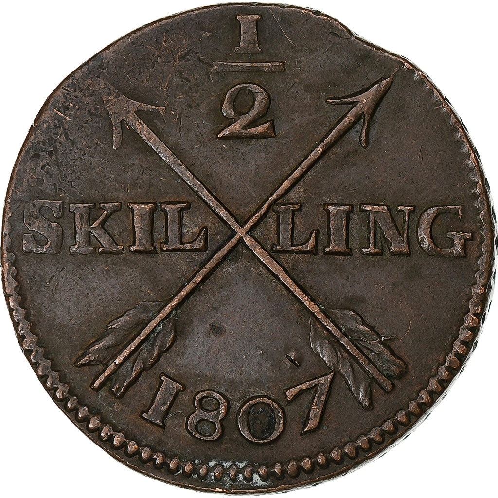 Suécia, Gustaf IV Adolf, 1/2 Skilling, 1807, Cobre, EF(40-45), KM:565
