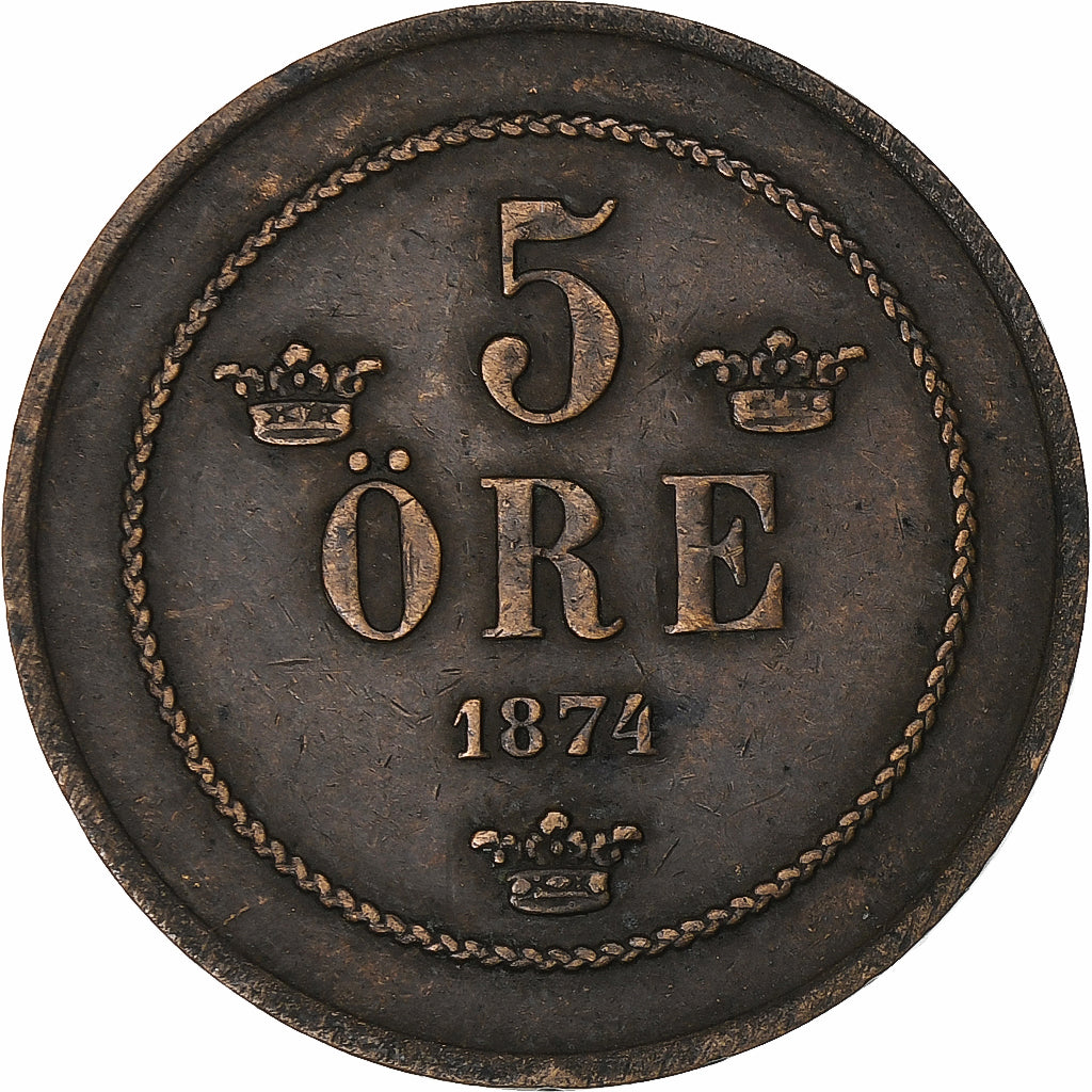 Suécia, Oscar II, 5 Öre, 1874, Bronze, EF(40-45), KM:736