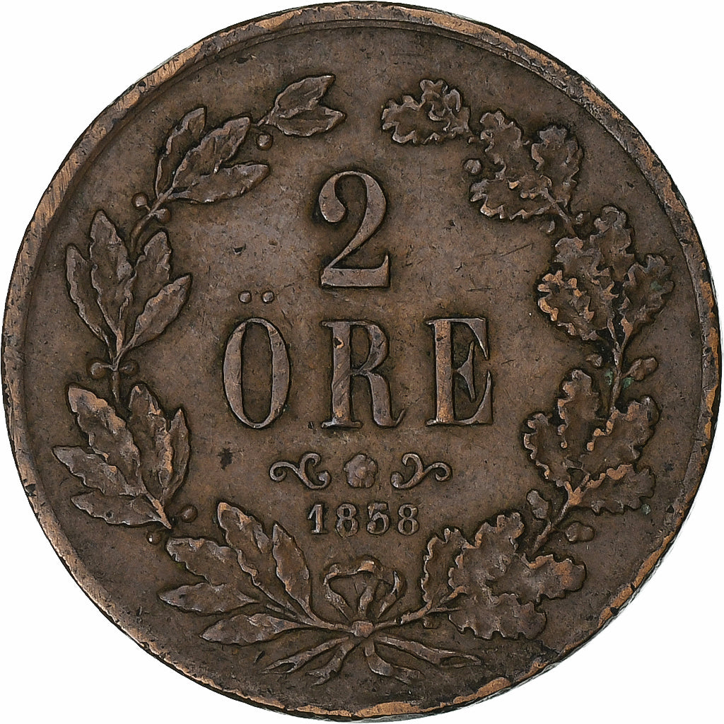 Svezia, Oscar I, 2 Öre, 1858, Stockholm, Bronzo, MB+, KM:688