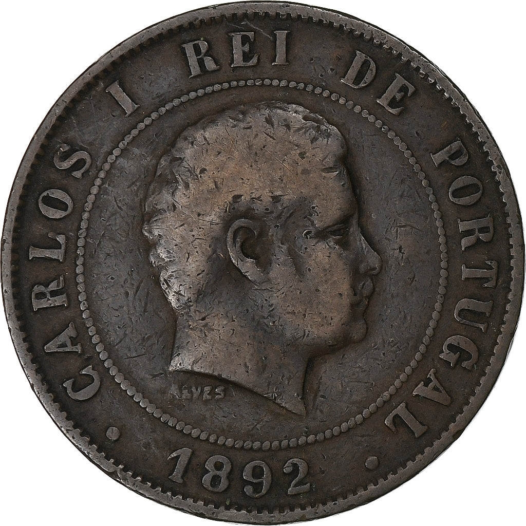 Portogallo, Carlos I, 20 Reis, 1892, Lisbon, Bronzo, MB, KM:533