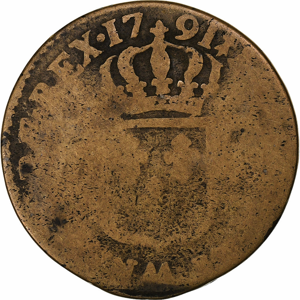 Francja, Louis XVI, Sol, 1791, Miedź, F(12-15), Gadoury:350