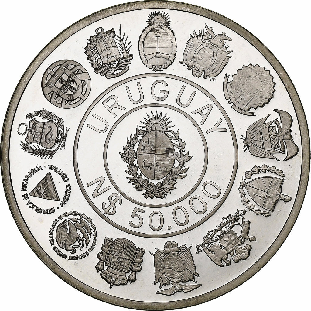 Uruguay, 50000 Nuevos Pesos, Ibero-American Series, 1991, Silver, MS(65-70)