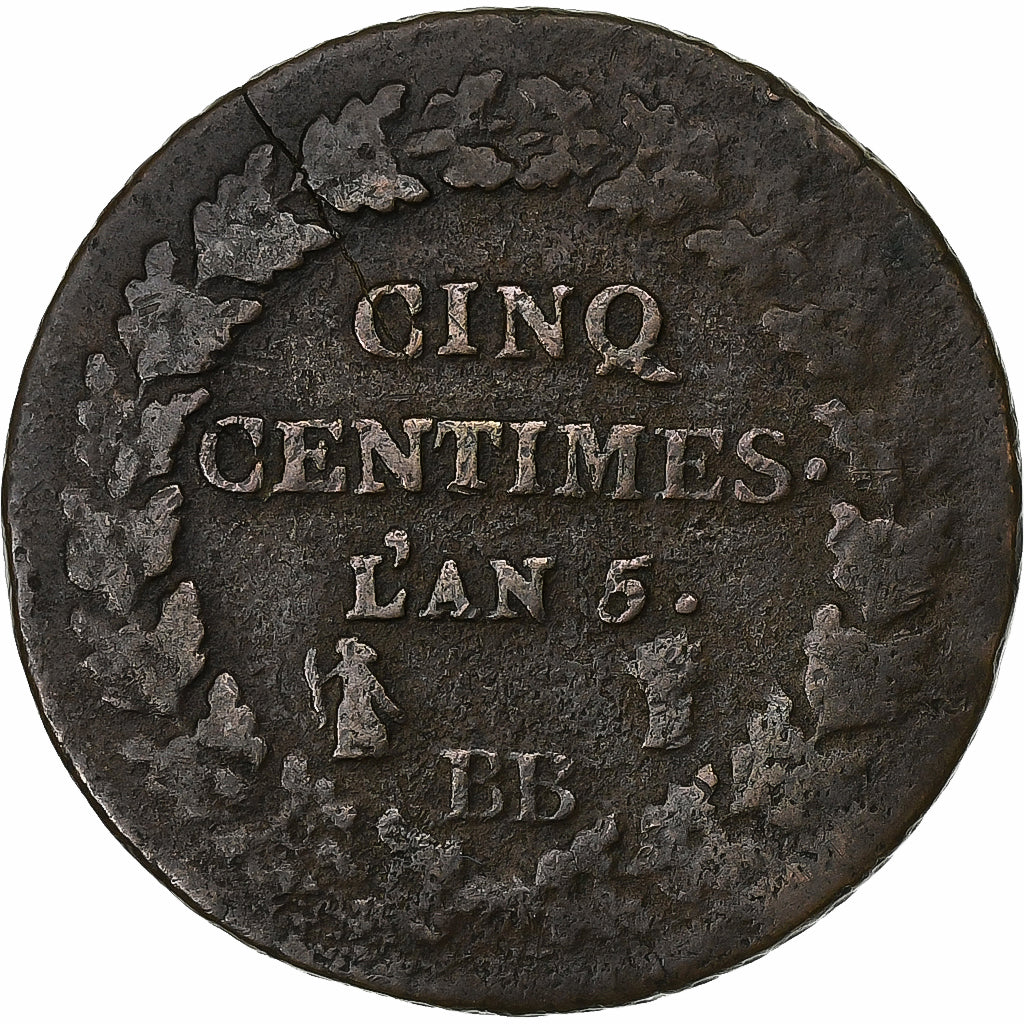 Francia, Directoire, 5 Centimes, Dupré, AN 5, Strasbourg, Rame, MB, Gadoury:126