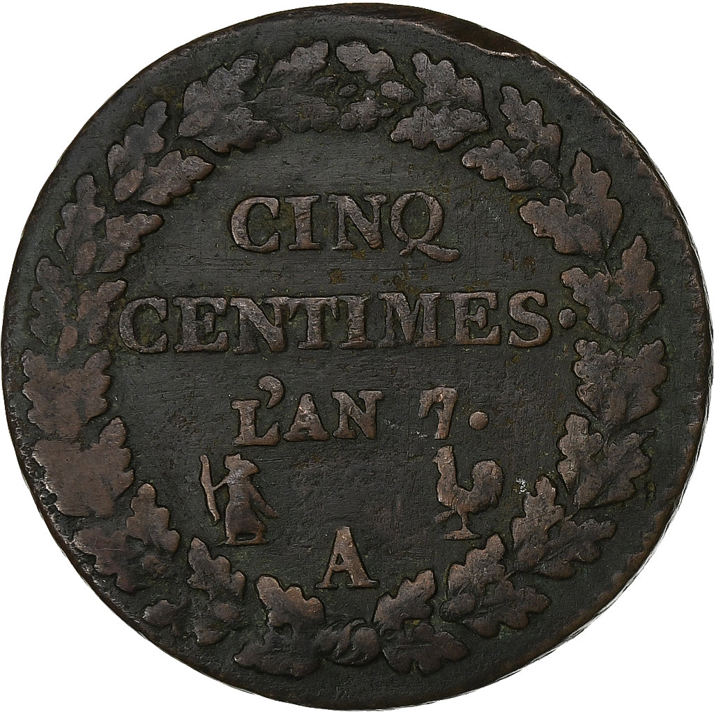 Francia, Directoire, 5 Centimes, Dupré, AN 7, Paris, Rame, MB+, Gadoury:126