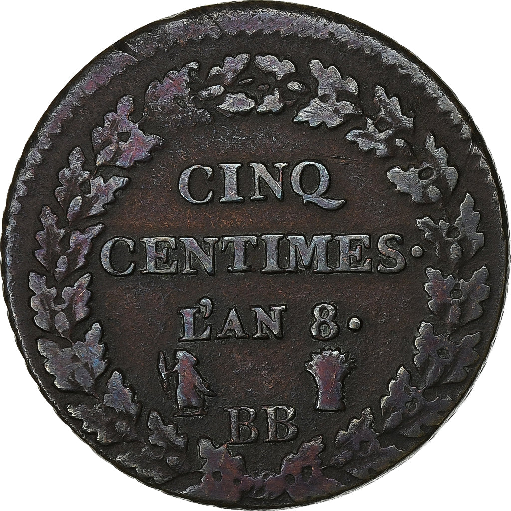 Francia, 5 Centimes, Dupré, AN 8, Strasbourg, Rame, MB+, Gadoury:126a