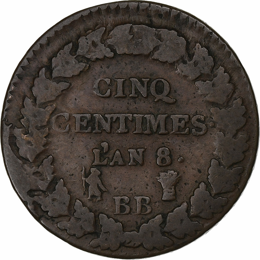 Francia, 5 Centimes, Dupré, AN 8, Strasbourg, Rame, MB, Gadoury:126a