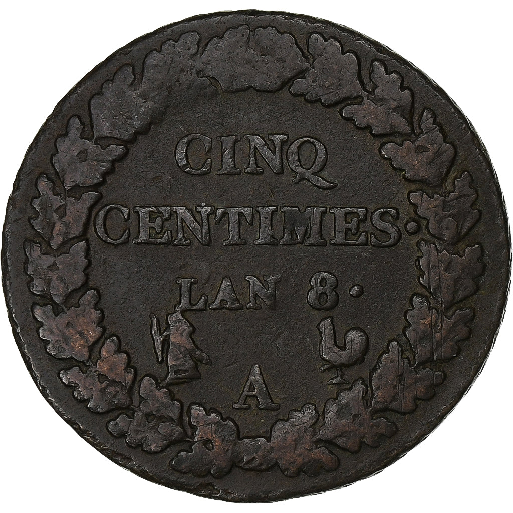 Francia, 5 Centimes, Dupré, AN 8, Paris, Rame, MB, Gadoury:126a