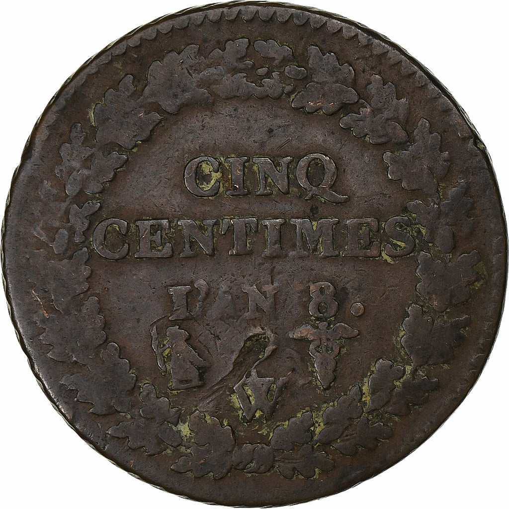 Francia, 5 Centimes, Dupré, AN 8, Lille, Rame, MB+, Gadoury:126a