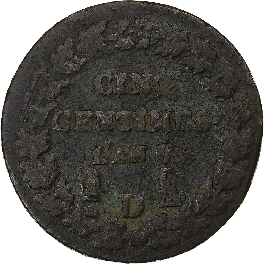 Francja, 5 Centimes, Dupré, AN 7/5, Lyon, Miedź, VF(20-25), Gadoury:126