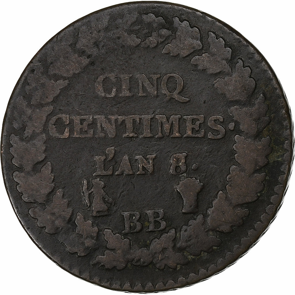 Francia, 5 Centimes, Dupré, AN 8/5, Strasbourg, Rame, MB, Gadoury:126a