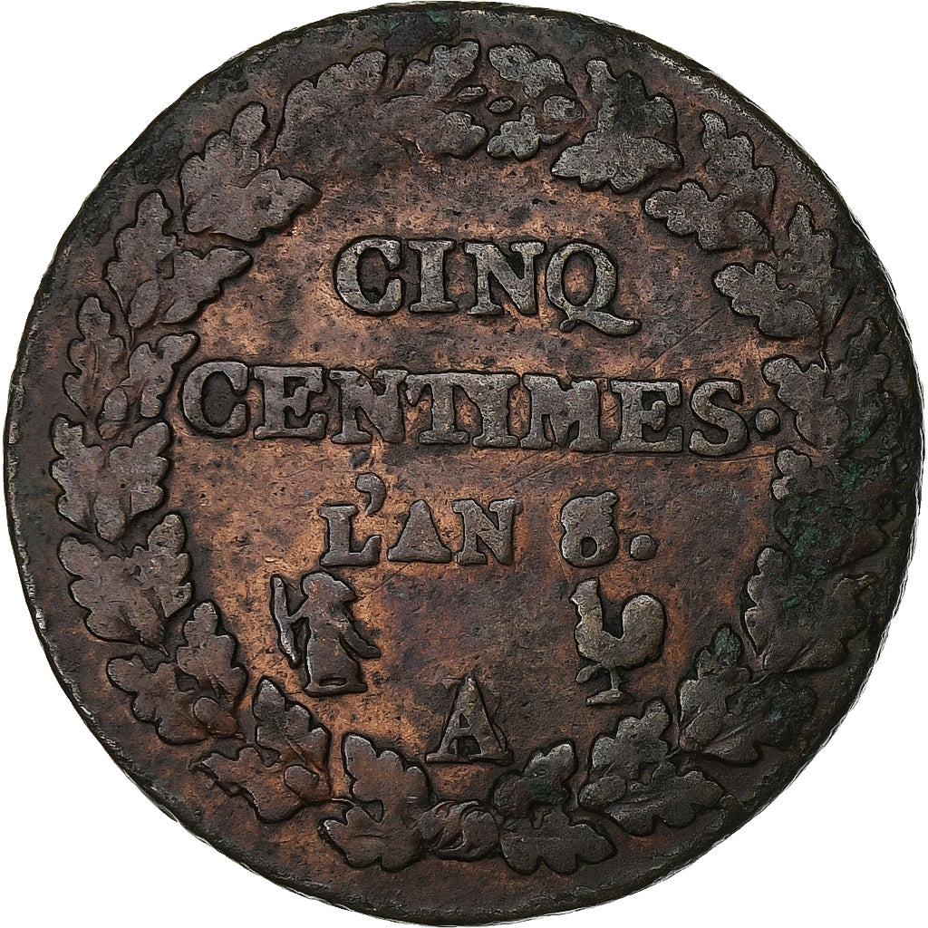 Francia, 5 Centimes, Dupré, AN 8/5, Paris, Rame, MB+, Gadoury:126a