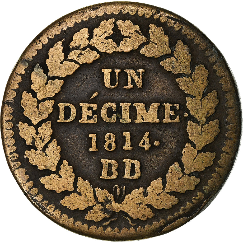 France, Louis XVIII, Decime, 1814, Strasbourg, Bronze, TB, Gadoury:196