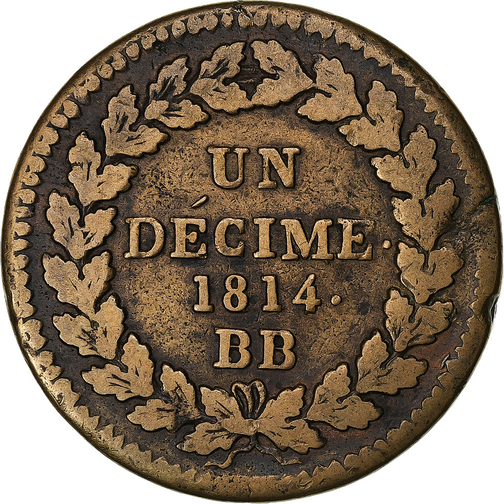 Frankreich, Louis XVIII, Decime, 1814, Strasbourg, Bronze, S+, Gadoury:196