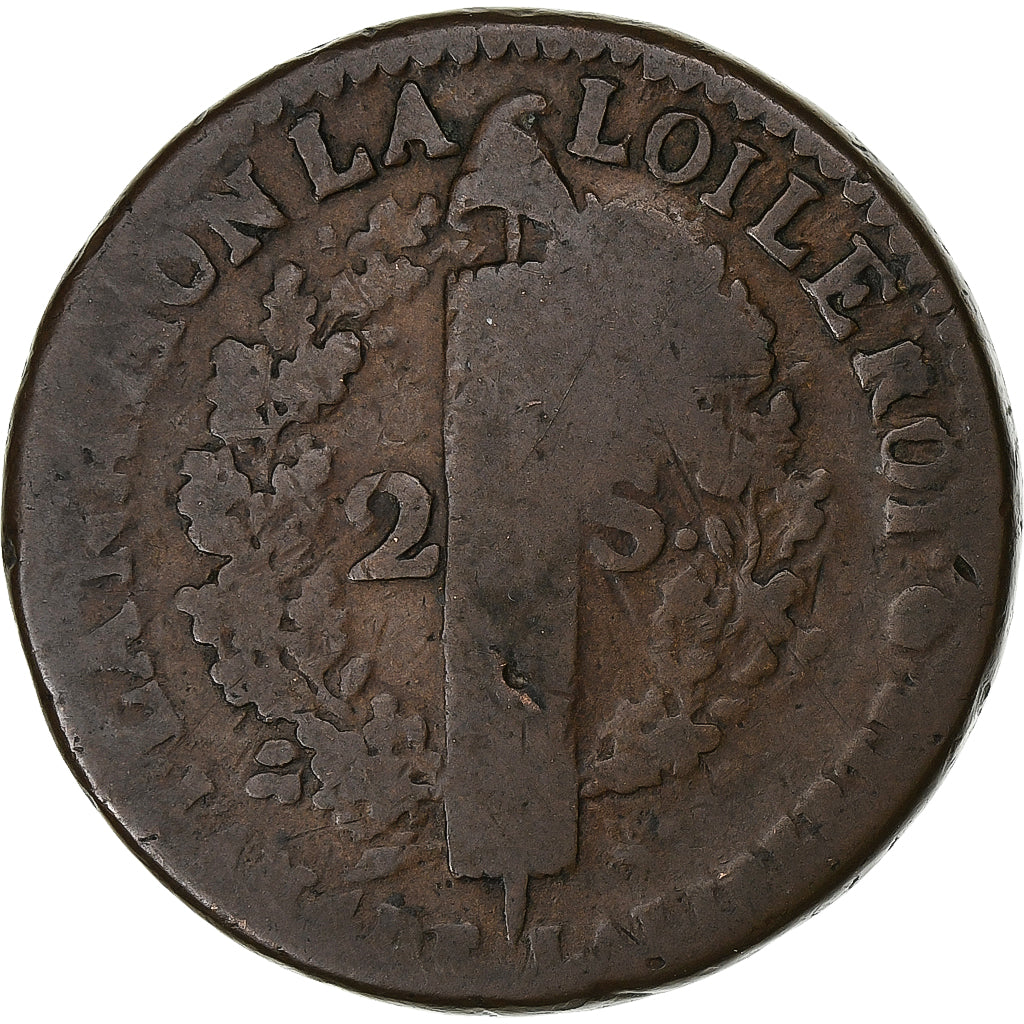 France, Louis XVI, 2 Sols François, 1792 / AN 4, Paris, Copper