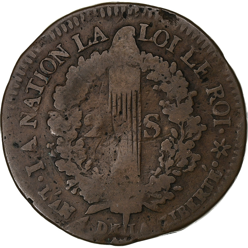 France, Louis XVI, 2 Sols Français, 1792 / AN 4, Strasbourg, Métal de