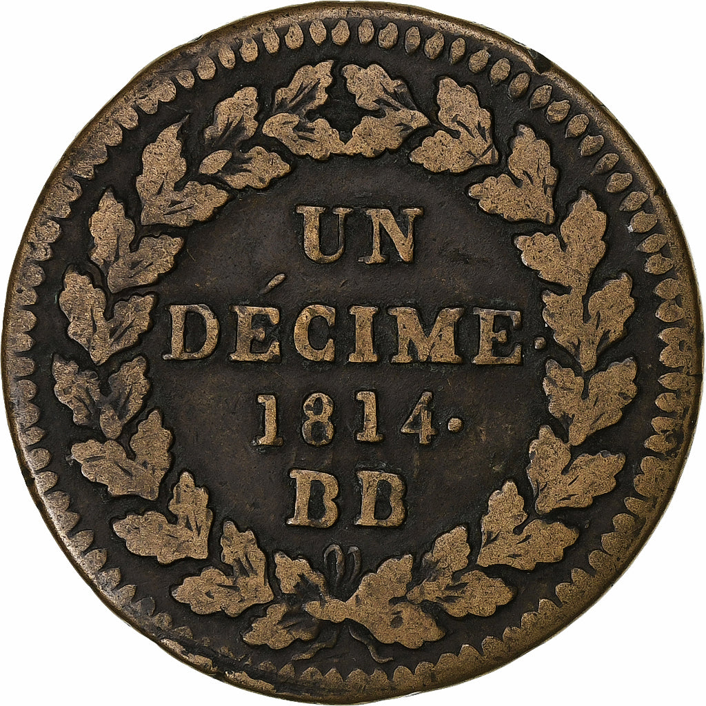 Frankrijk, Napoleon I, Decime, 1814, Strasbourg, Bronzen, FR+, Gadoury:195