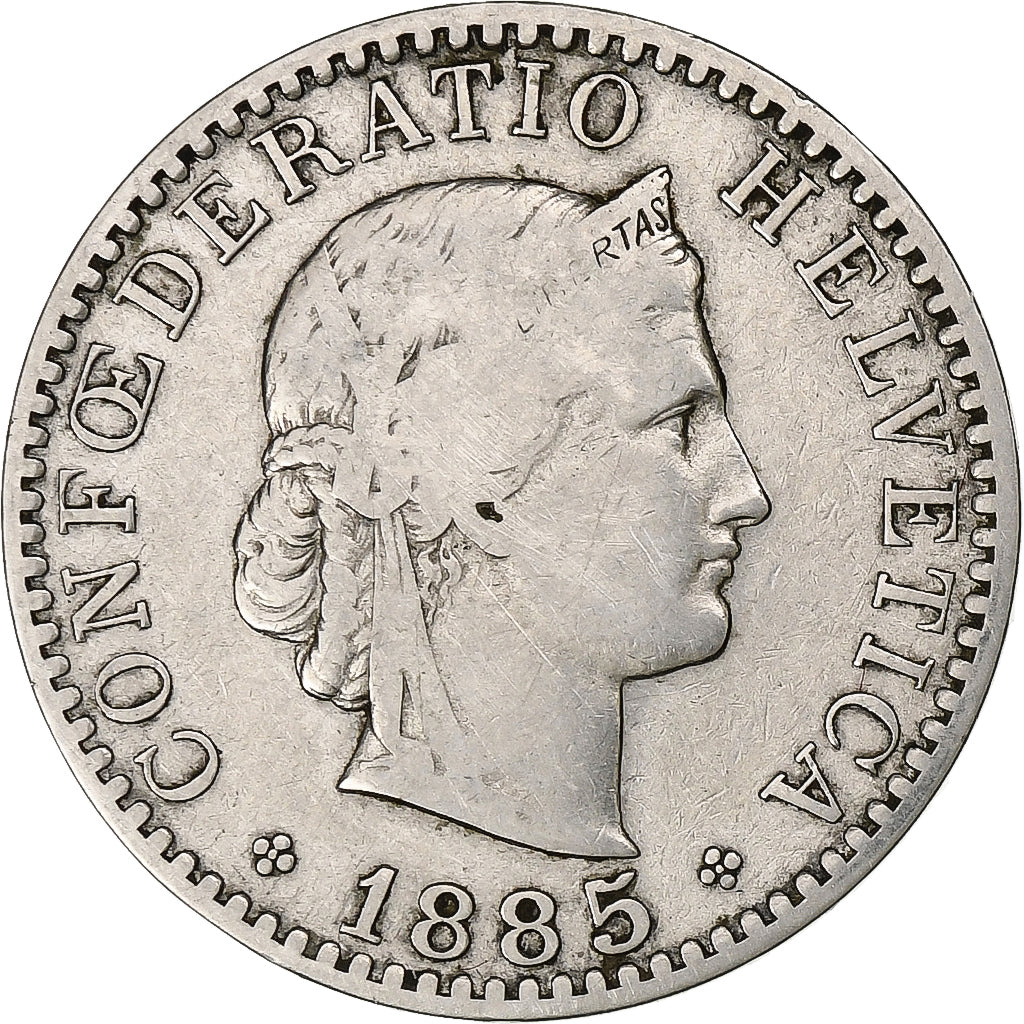 Suiza, 20 Rappen, Libertas, 1885, Bern, Níquel, BC+, KM:29
