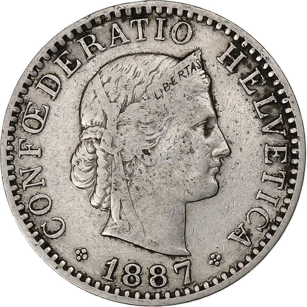 Suiza, 20 Rappen, Libertas, 1887, Bern, Níquel, BC+, KM:29