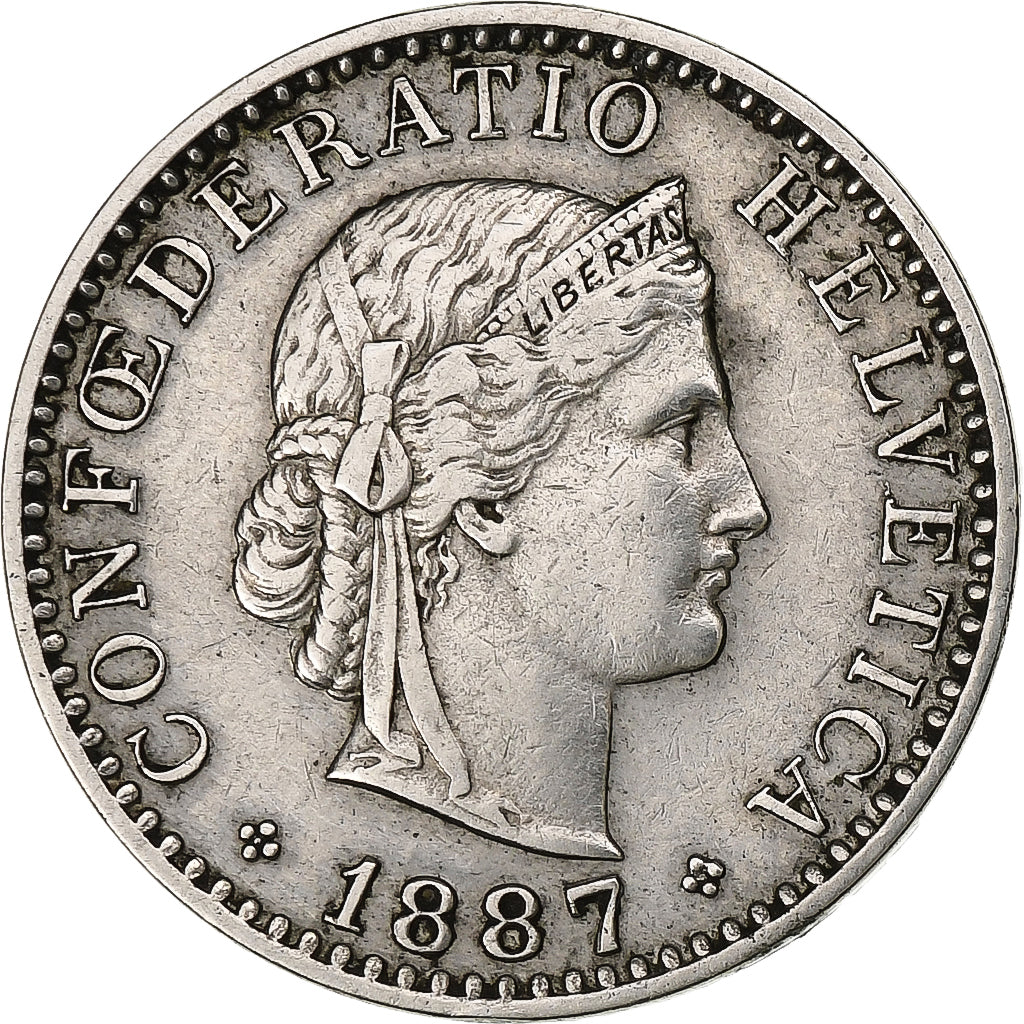 Switzerland, 20 Rappen, Libertas, 1887, Bern, Nickel, AU(55-58), KM:29