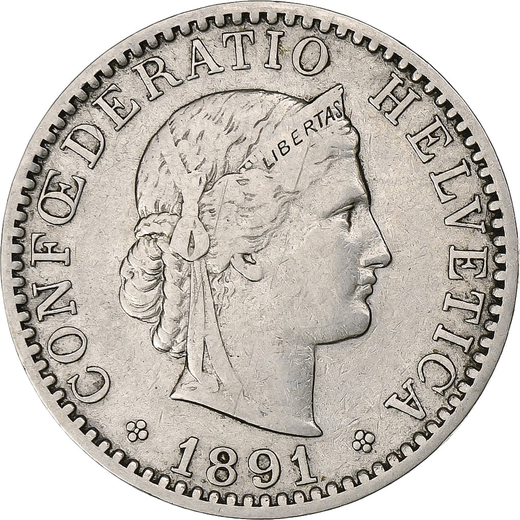 Suiza, 20 Rappen, Libertas, 1891, Bern, Níquel, BC+, KM:29