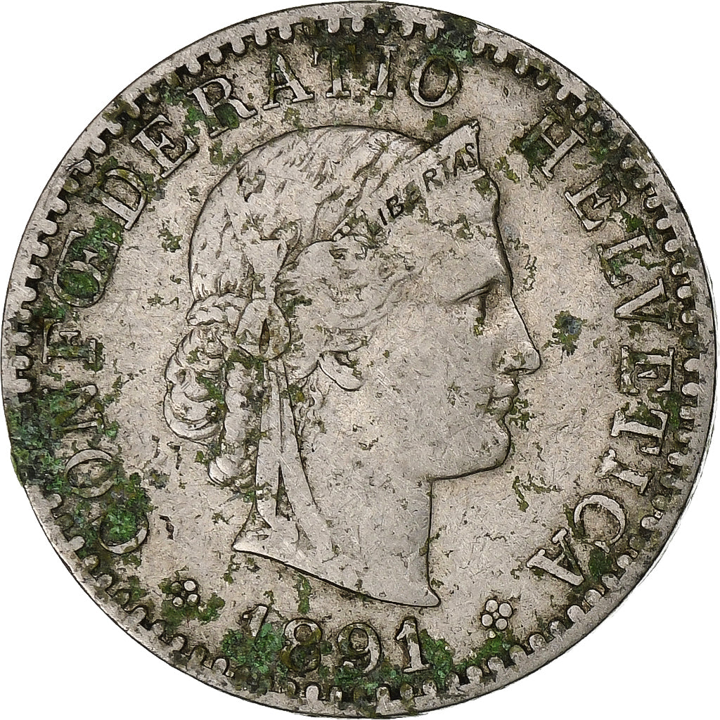 Suiza, 20 Rappen, Libertas, 1891, Bern, Níquel, BC+, KM:29