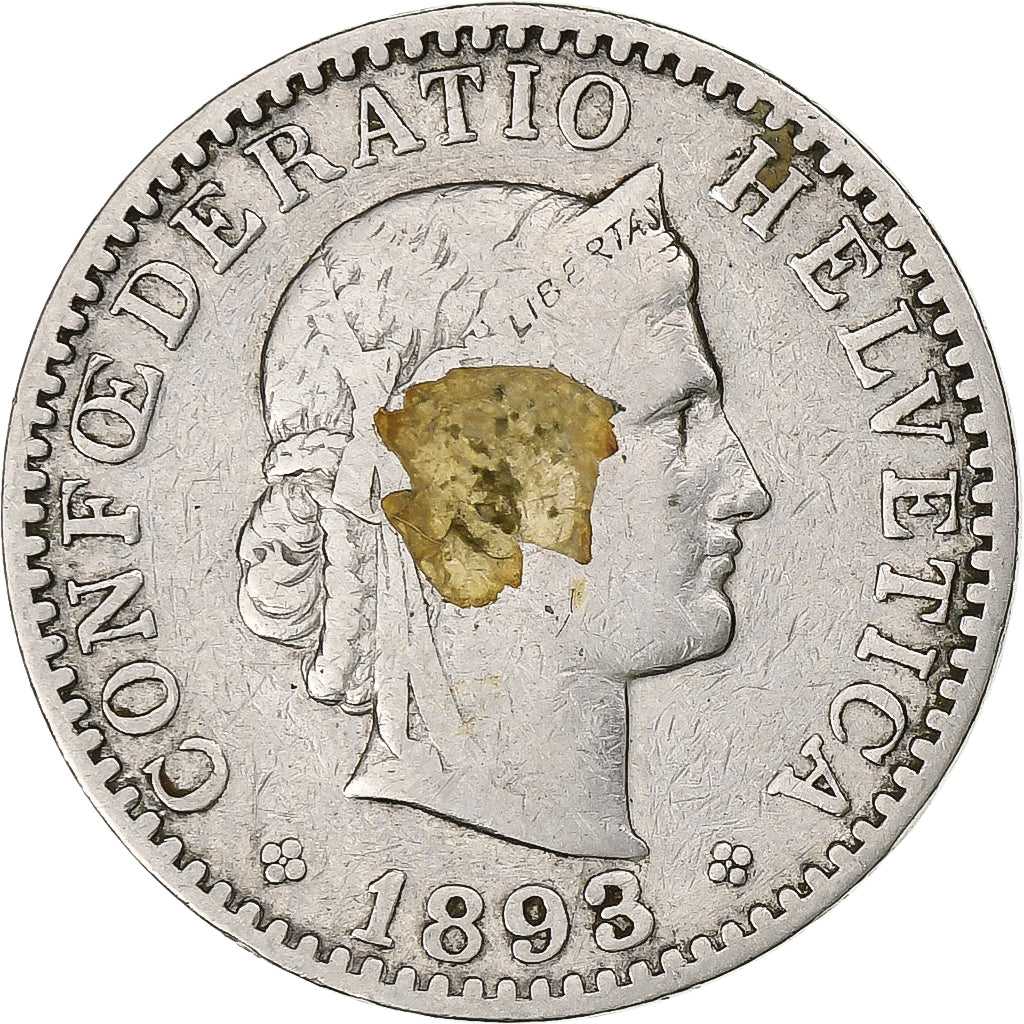 Suiza, 20 Rappen, Libertas, 1893, Bern, Níquel, BC+, KM:29