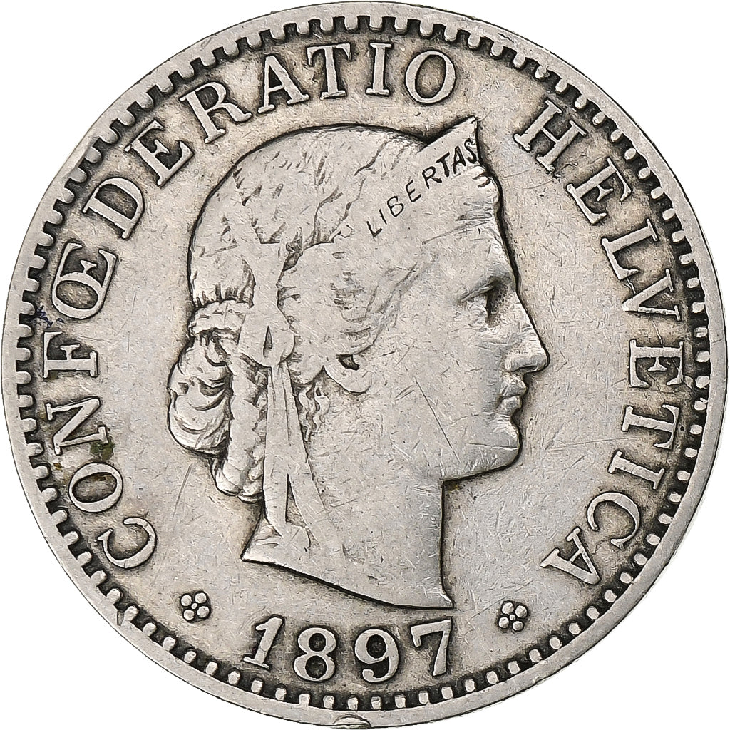 Suiza, 20 Rappen, Libertas, 1897, Bern, Níquel, BC+, KM:29