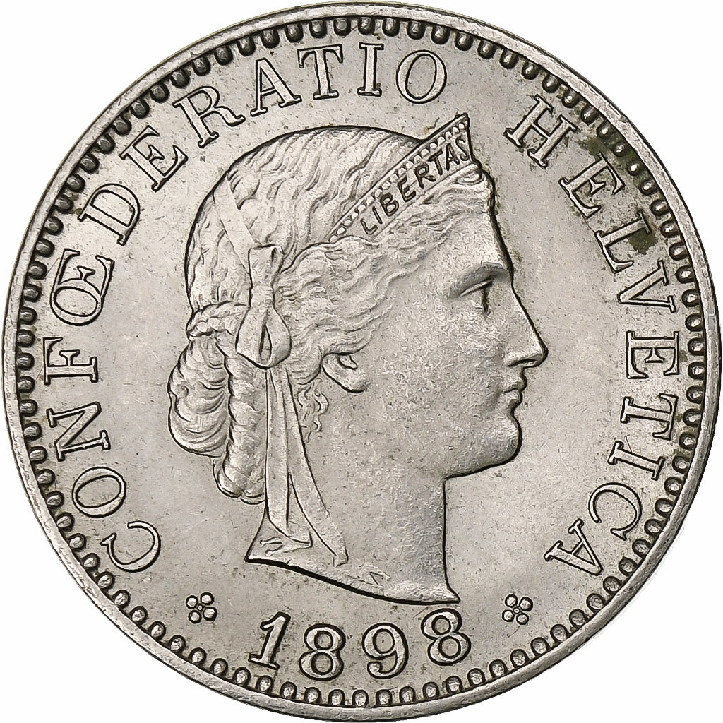 Switzerland, 20 Rappen, Libertas, 1898, Bern, Nickel, AU(55-58), KM:29
