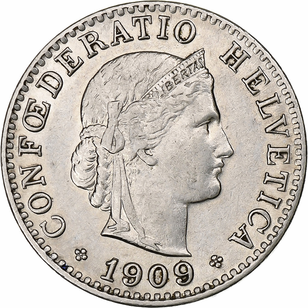 Switzerland, 20 Rappen, Libertas, 1909, Bern, Nickel, AU(50-53), KM:29