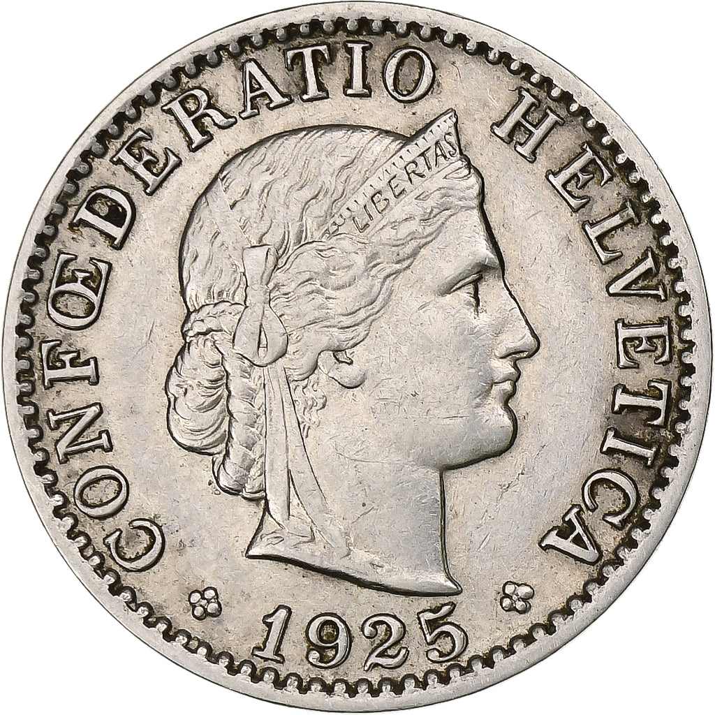 Suiza, 20 Rappen, Libertas, 1925, Bern, Níquel, MBC+, KM:29