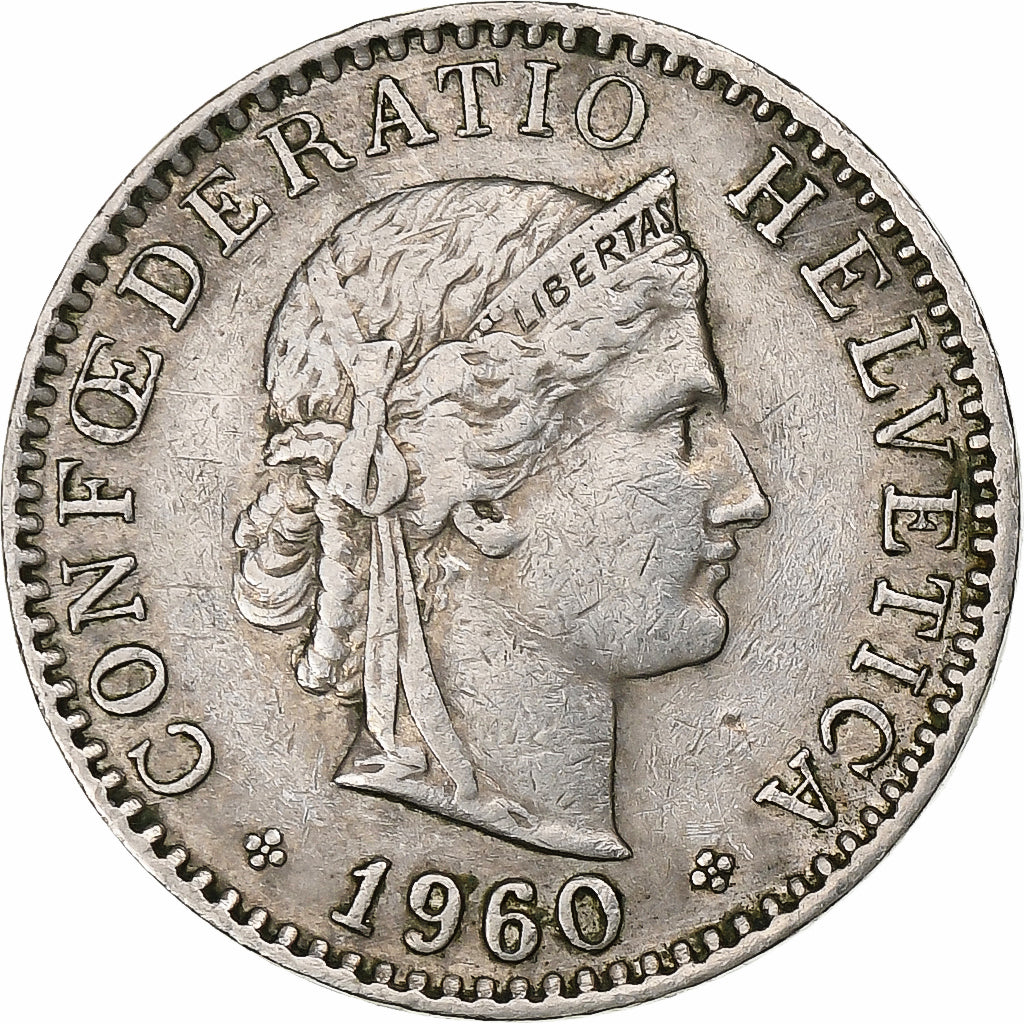 Suiza, 20 Rappen, Libertas, 1960, Bern, Cobre - níquel, MBC, KM:29a