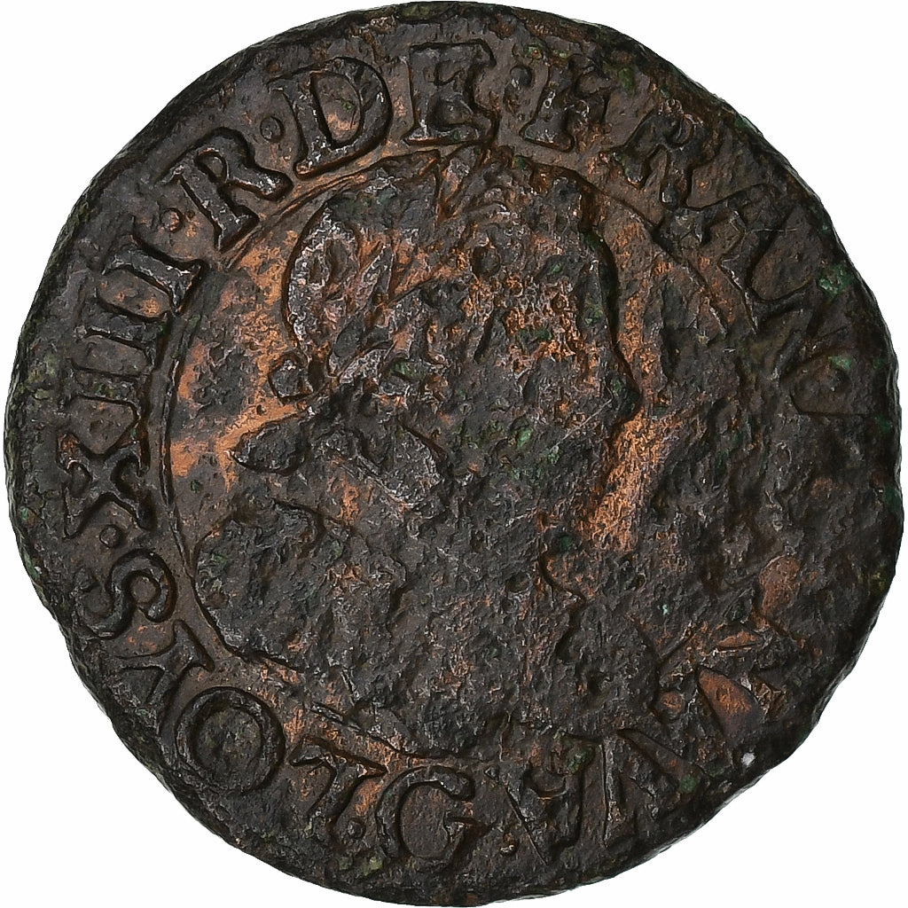 Francia, Louis XIII, Double Tournois, 1618, Poitiers, Cobre, BC+, Gadoury:5