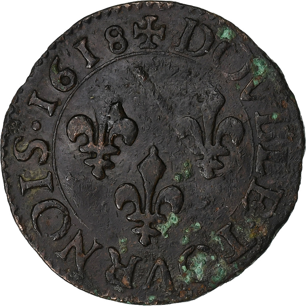 Francia, Louis XIII, Double Tournois, 1618, Poitiers, Cobre, BC+, Gadoury:5