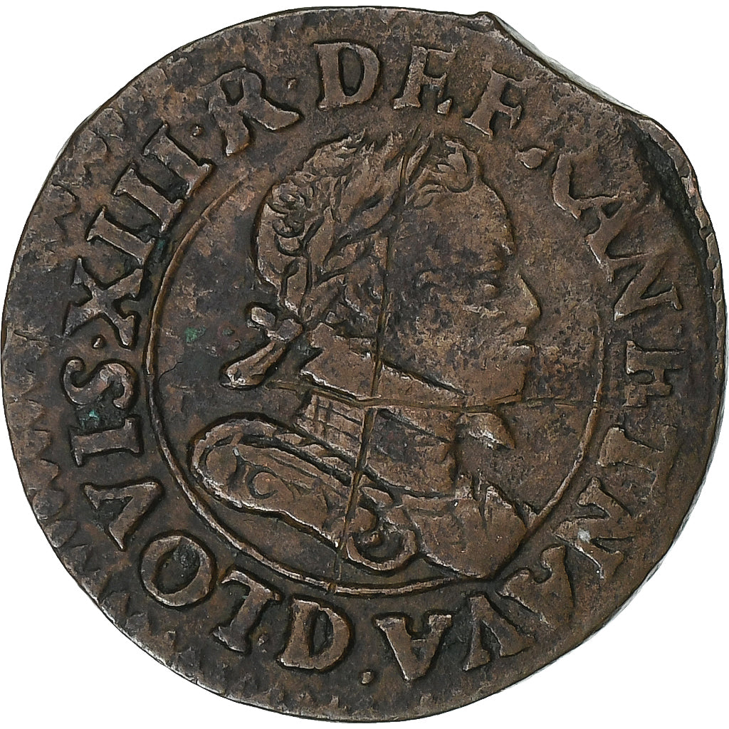 France, Louis XIII, Double Tournois, 1614, Lyon, Copper, VF(30-35), Gadoury:7