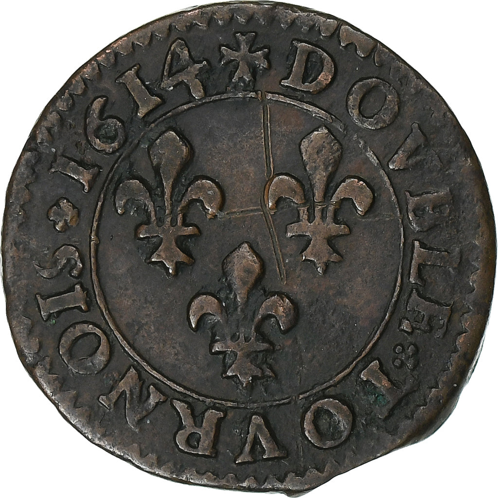 France, Louis XIII, Double Tournois, 1614, Lyon, Copper, VF(30-35), Gadoury:7