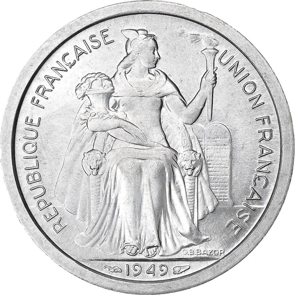 New Caledonia, 2 Francs, 1949, Paris, Aluminum, MS(65-70), KM:3