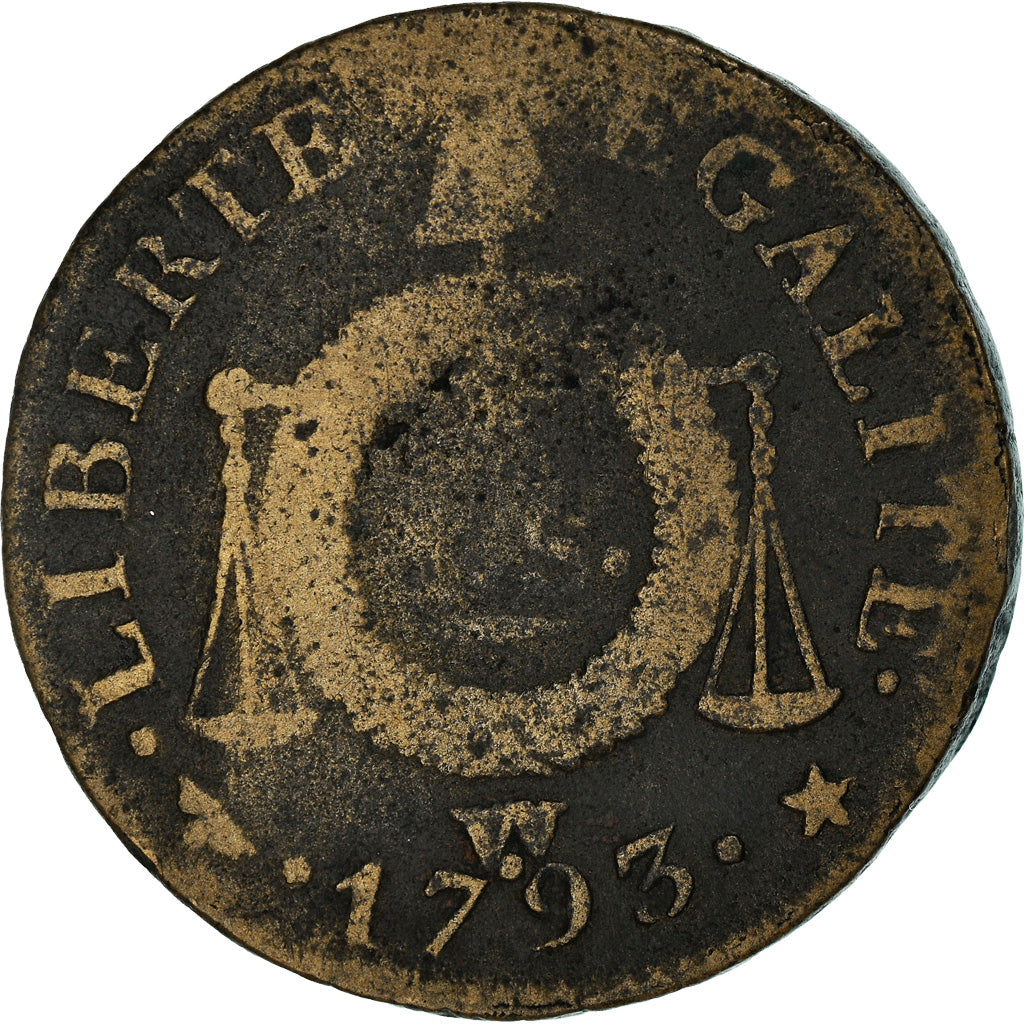 Monnaie, France, 1 Sol, 1793 - AN II, Arras, Sol à la balance, B+, Bronze