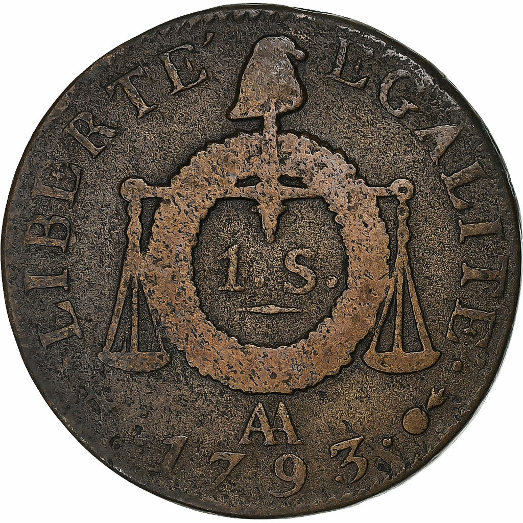 France, Sol à la balance Françoise, 1793 / AN II, Metz, Cuivre, TB, Gadoury:19