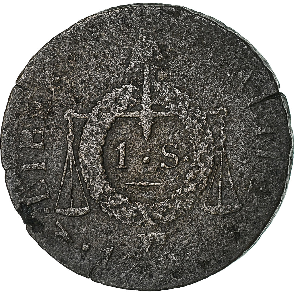 France, Sol à la balance Françoise, 1793 / AN II, Lille, Copper, VF(20-25)
