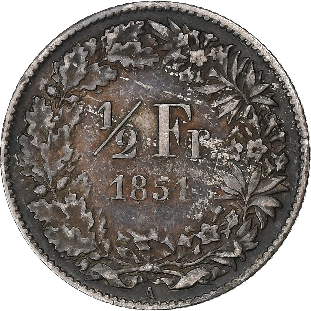 Switzerland, 1/2 Franc, Helvetia seated, 1851, Paris, Silver, AU(50-53), KM:8
