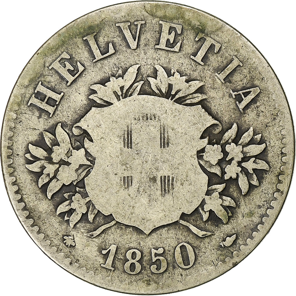 Suiza, 20 Rappen, 1850, Strasbourg, Vellón, BC+, KM:7