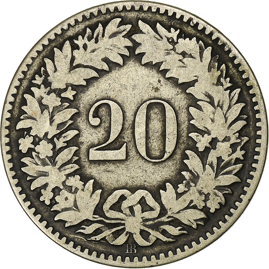 Suiza, 20 Rappen, 1850, Strasbourg, Vellón, BC+, KM:7