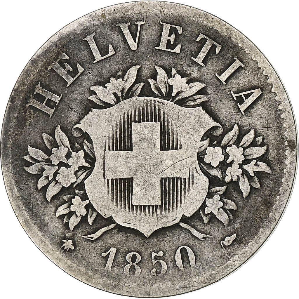 Suiza, 20 Rappen, 1850, Strasbourg, Vellón, BC+, KM:7