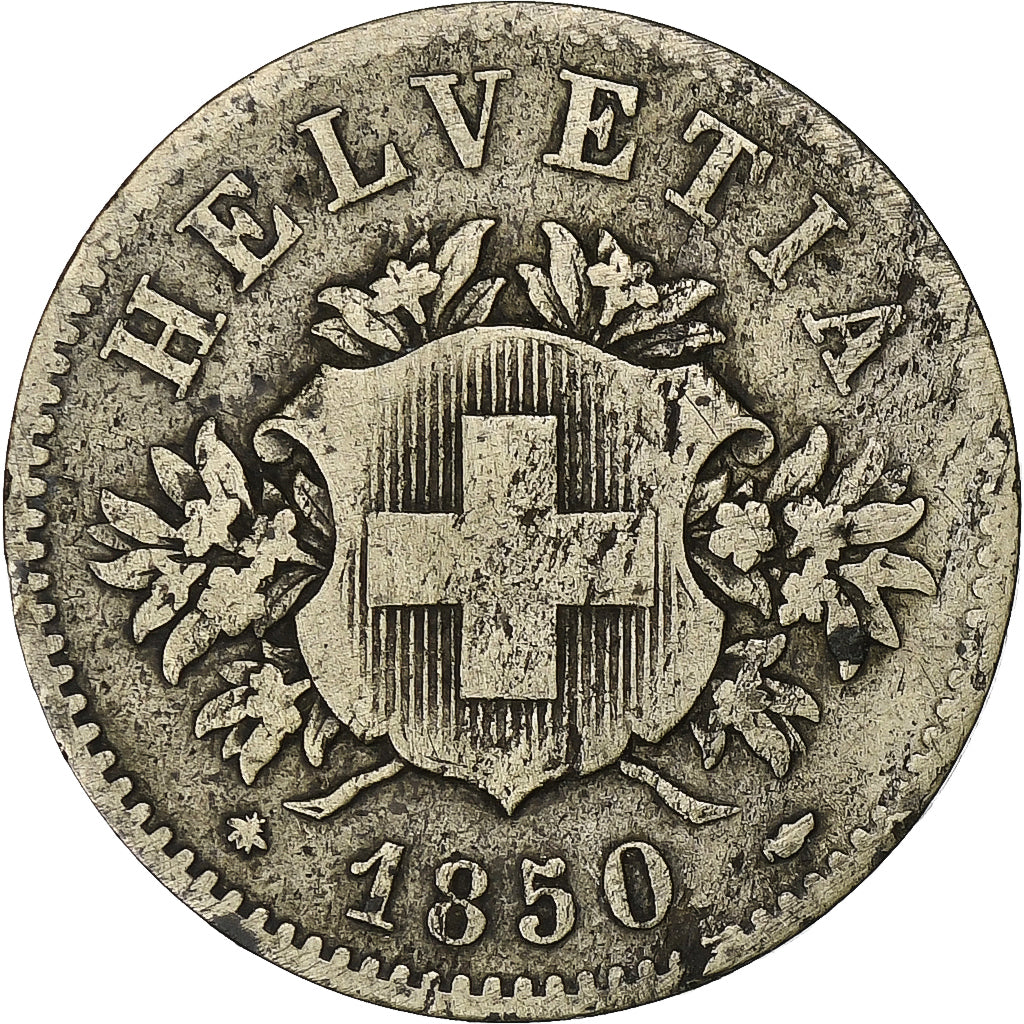 Suiza, 20 Rappen, 1850, Strasbourg, Vellón, BC+, KM:7