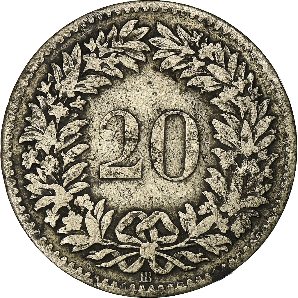 Suiza, 20 Rappen, 1850, Strasbourg, Vellón, BC+, KM:7