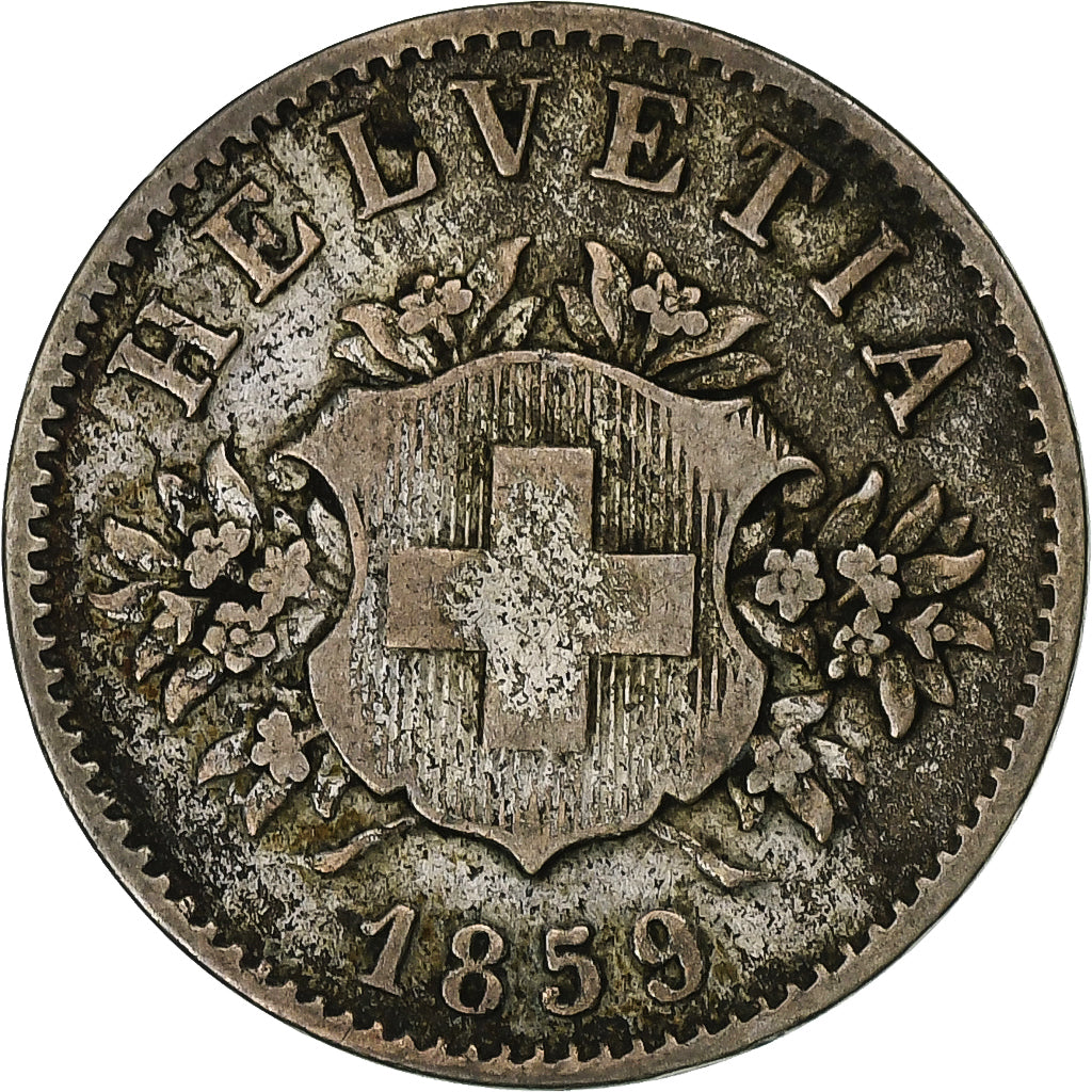 Switzerland, 20 Rappen, 1859, Bern, Billon, VF(30-35), KM:7