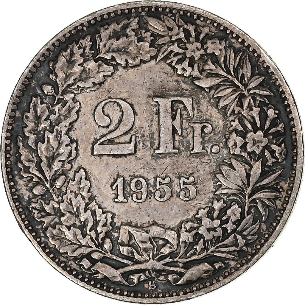 Switzerland, 2 Francs, Helvetia, 1955, Bern, Silver, EF(40-45), KM:21