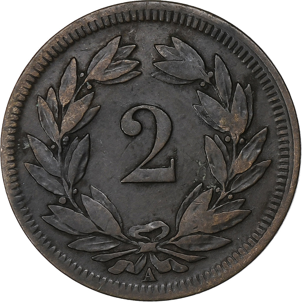 Szwajcaria, 2 Rappen, 1851, Paris, Brązowy, VF(30-35), KM:4